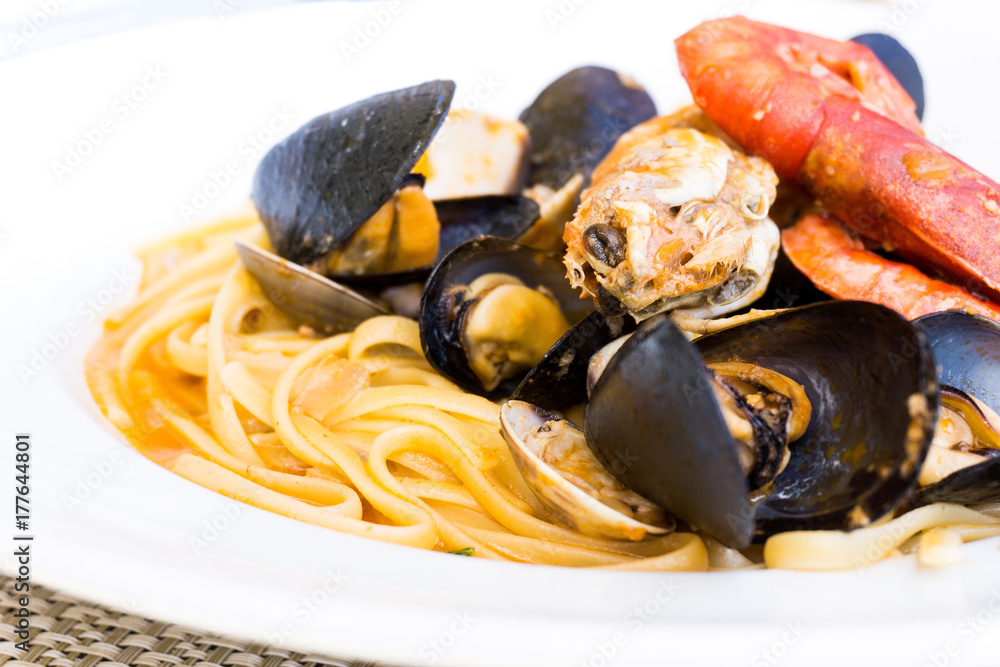 Fototapeta premium Pasta with Shrimp Dinner Dish on a the table