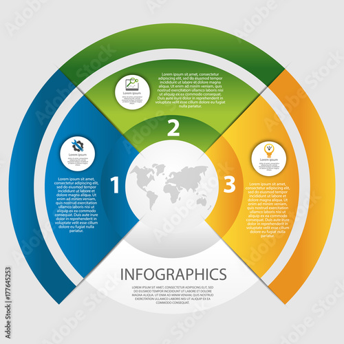 Modern vector illustration 3D. The template of a circular infographic with 3 elements, sectors and percentages. Designed for business, presentations, web design, diagrams with 3 steps