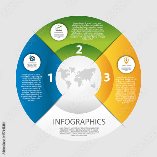 Modern vector illustration 3D. The template of a circular infographic with 3 elements, sectors and percentages. Designed for business, presentations, web design, diagrams with 3 steps