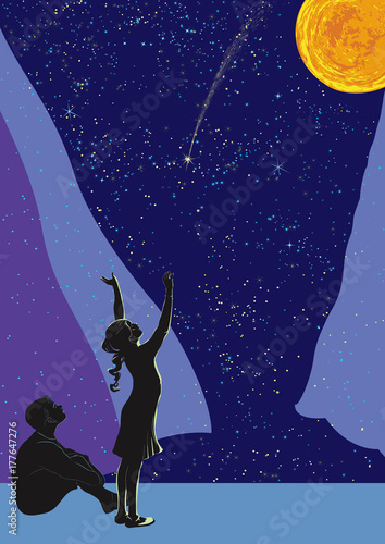Vector composition with two children looking at starry sky by the window 