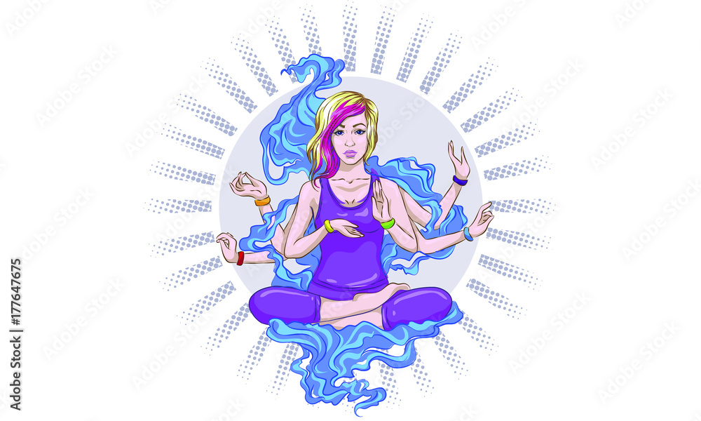 Hand drawn vector illustration of woman sitting in lotus pose of yoga. Meditation concept. Character Hand drawn vector illustration of woman sitting in lotus pose of yoga. Meditation concept. Character