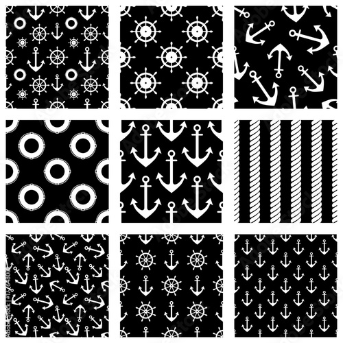 Set of vector seamless patterns with anchor, steering wheel, life preserver and waves. Creative geometric symmetrical background, nautical theme. Graphic illustration in black, white colors. photo