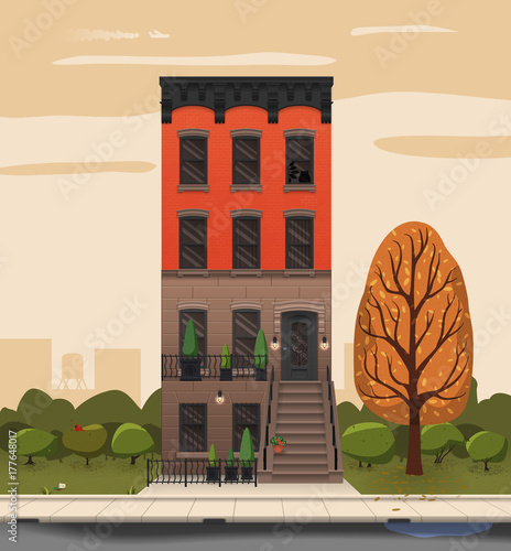 Illustration of a city landscape with townhouse and trees. Flat art style. Housing, real estate market, architecture design, property investment concept banner.