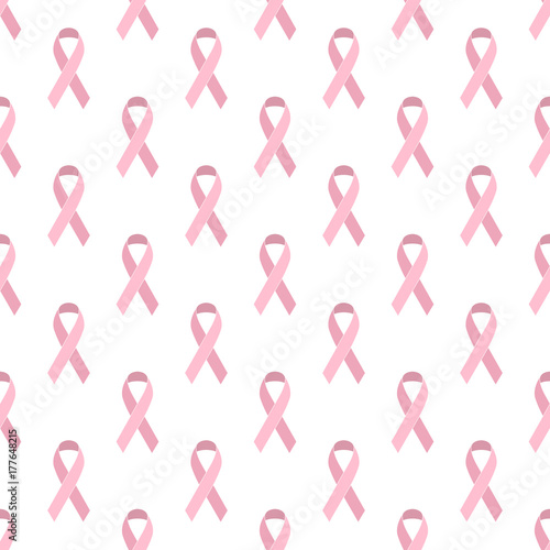 Breast cancer seamless pattern of pink ribbon on white background.
