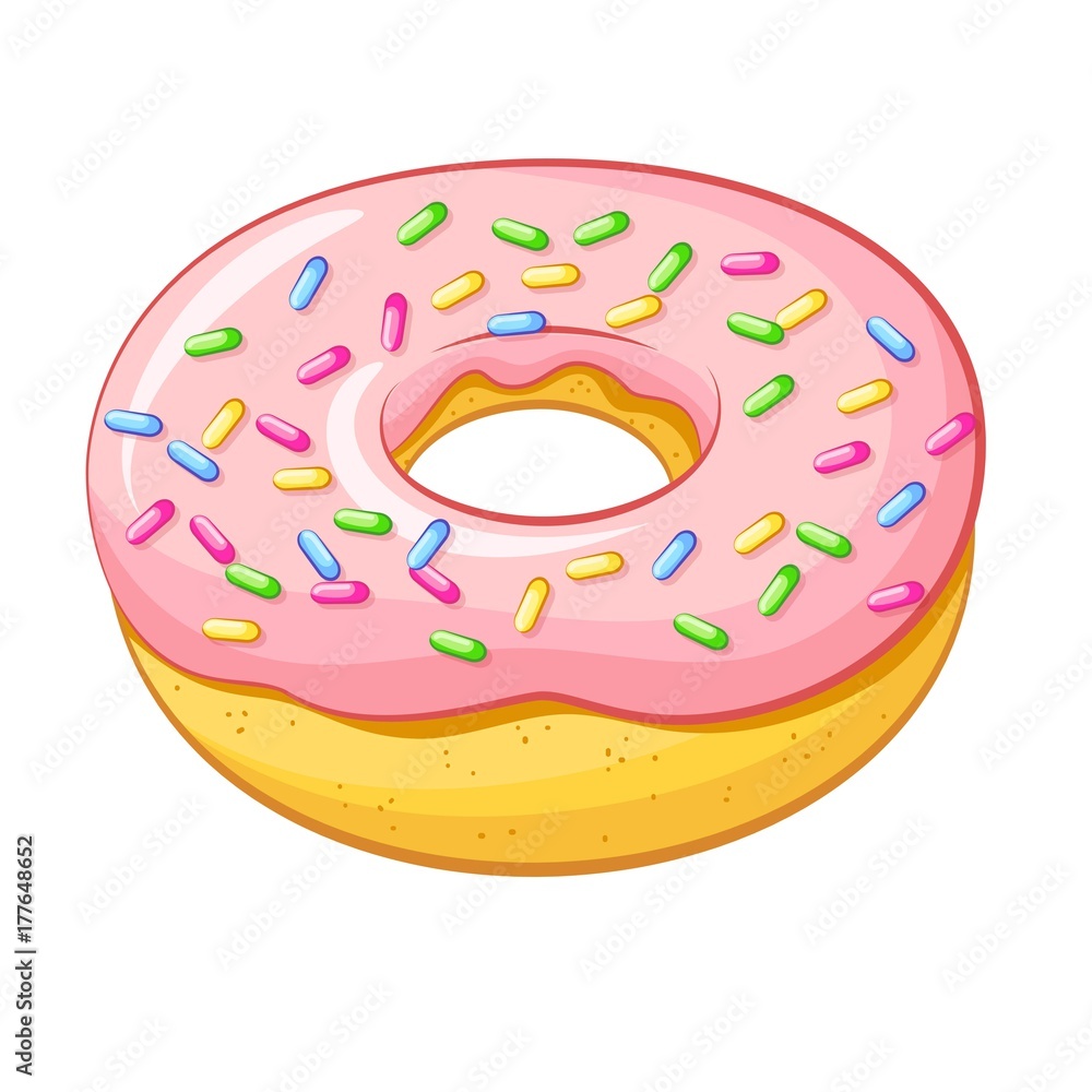 Hand drawn cartoon delicious pink strawberry donut, realistic food vector illustration, isolated