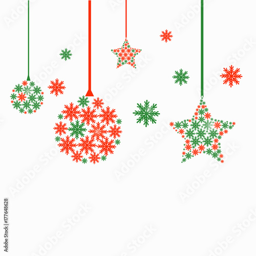 red green snowflake Christmas ball and star decoration design festival vector on white background