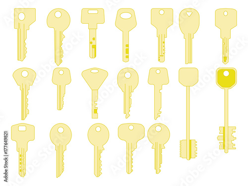 Keys icons set, isolated. Closing and opening doors. Gold keys signs and symbols collection. photo