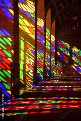 Stained glass in the interior Nasir ol-Molk Mosque. Shiraz. Iran. 