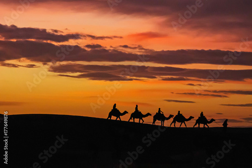 Morocco Merzouga Erg Chebbi sand dunes caravane sunset photo