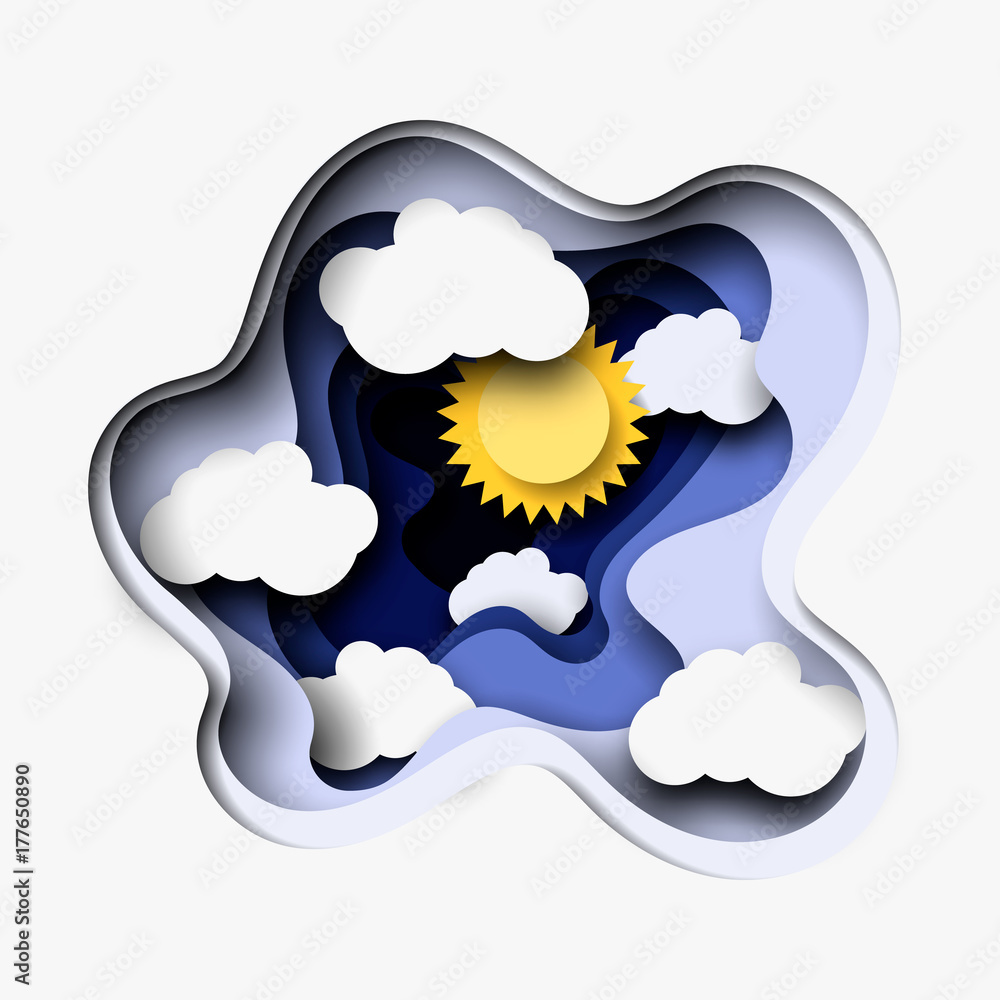 3d abstract paper cut illustration of white clouds and sun. Vector colorful  template in carving art style. Stock Vector