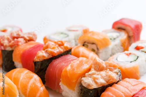 Closeup set of sushi rolls,maki on white background and copy space