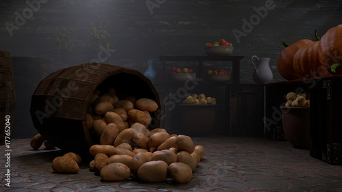 Digital illustration of a Root Cellar withdramatic mood and lighting