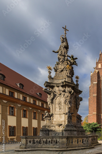 Sandstone Baroque monument of Saint John of Nepomuk, 1732 on the Cathedral Island, Wroclaw, Lower Silesia, Poland, the biggest statue of Saint Jonh of Nepomuk in the world photo