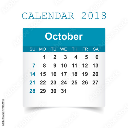 October 2018 calendar. Calendar sticker design template. Week starts on Sunday. Business vector illustration.