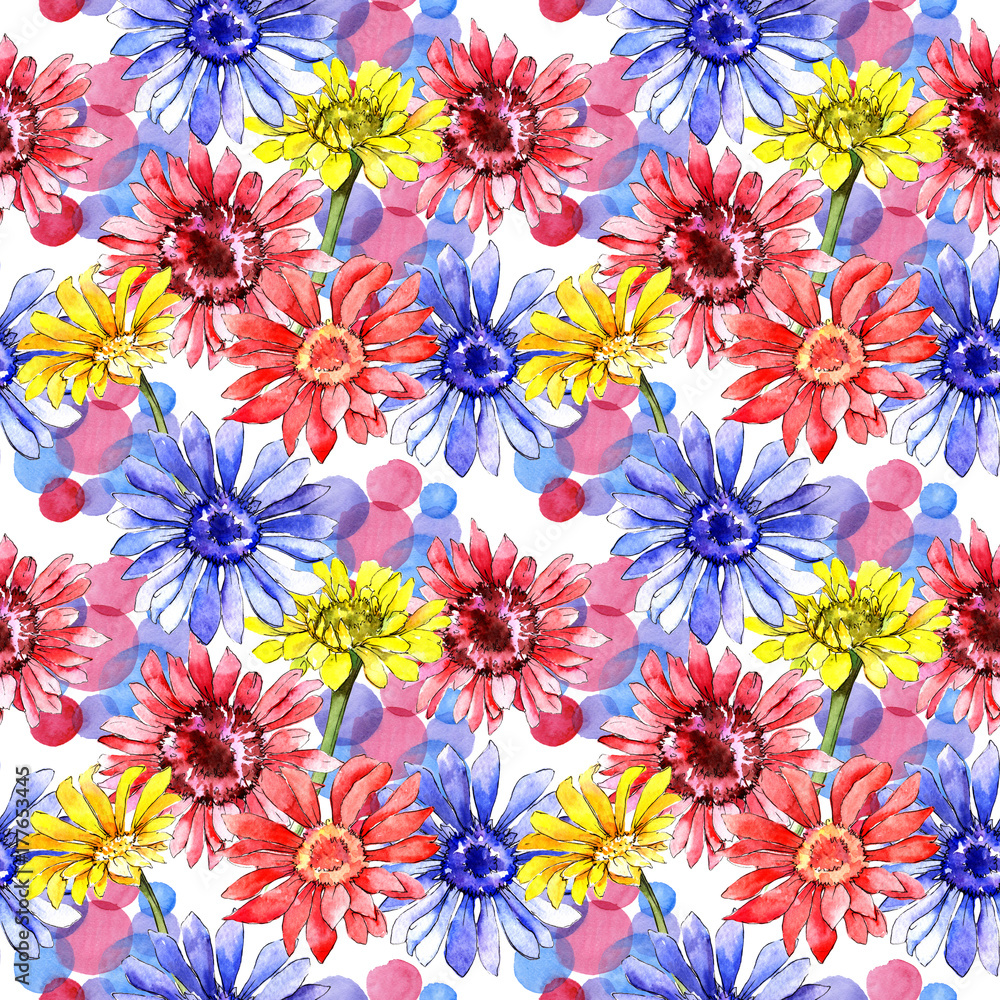 Wildflower gerbera flower pattern in a watercolor style. Full name of the plant: gerbera. Aquarelle wild flower for background, texture, wrapper pattern, frame or border. Wildflower gerbera flower pattern in a watercolor style. Full name of the plant: gerbera. Aquarelle wild flower for background, texture, wrapper pattern, frame or border.