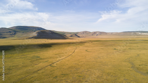Aerial view of a vast landscape in Mongolia.