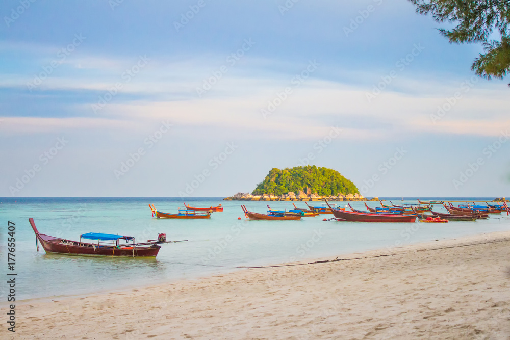 Longtail boat parking at Lipe island, Satun Province, Thailand