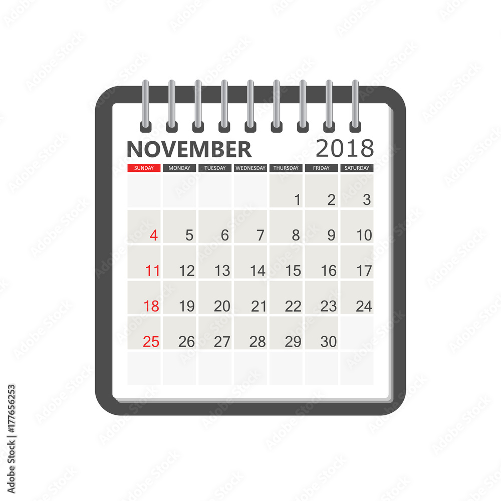 November 2018 calendar. Calendar notebook page template. Week starts on Sunday. Business vector illustration. November 2018 calendar. Calendar notebook page template. Week starts on Sunday. Business vector illustration.