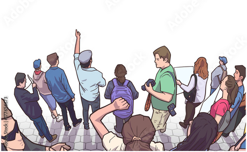 Illustration of group of protesters in high detail and perspective in color