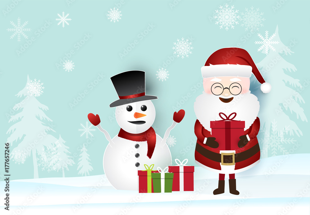 Christmas season with Santa holding gift box and snowman. Paper art illustration
