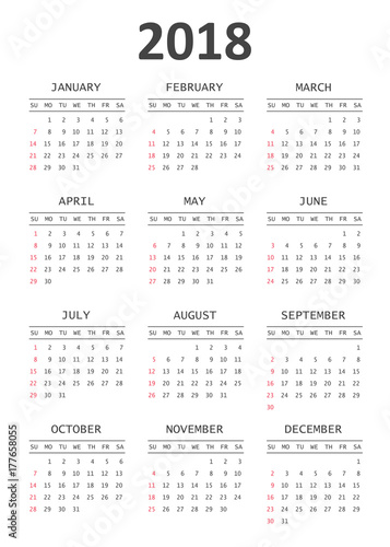Calendar 2018 year in simple style. Calendar planner design template. Week starts on Sunday. Business vector illustration.