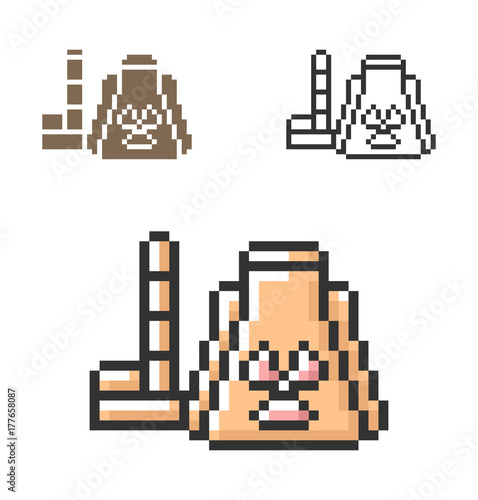Pixel icon of nuclear power plant in three variants. Fully editable