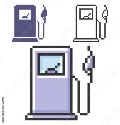 Pixel icon of fuel station in three variants. Fully editable
