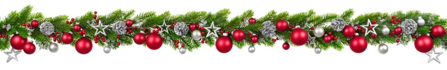 Christmas border on white, hanging decorated garland