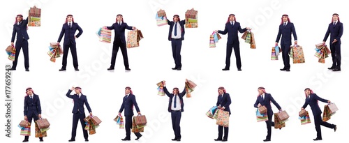 Arab man with shopping gifts on white