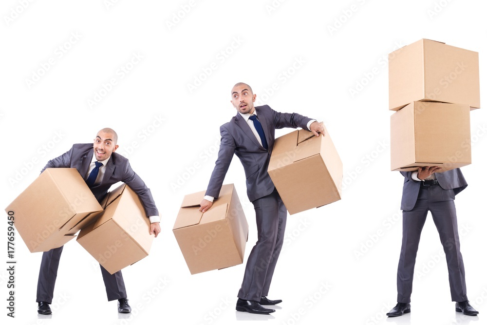 Collage of photos with man and boxes Collage of photos with man and boxes