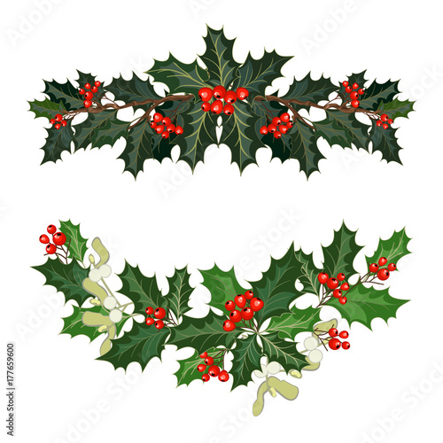 christmas decorations with holly and red berries