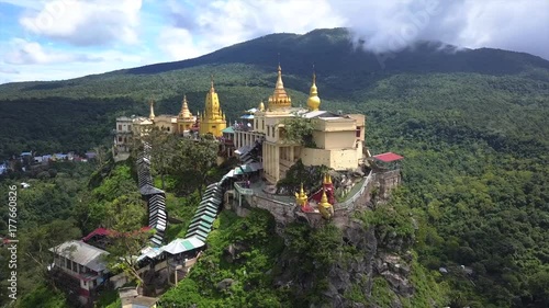 Aerial view from the drone on the Mount Popa,home of Nat the Burmese mythology ghost this place is the old volcano in Bagan, Myanmar