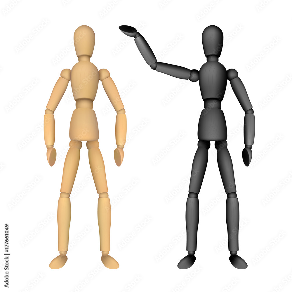 Wooden female or male manikin for drawing with different poses. Realistic vector illustration isolated on white background. Perfect to use for advertising design your web site or print publications Wooden female or male manikin for drawing with different poses. Realistic vector illustration isolated on white background. Perfect to use for advertising design your web site or print publications