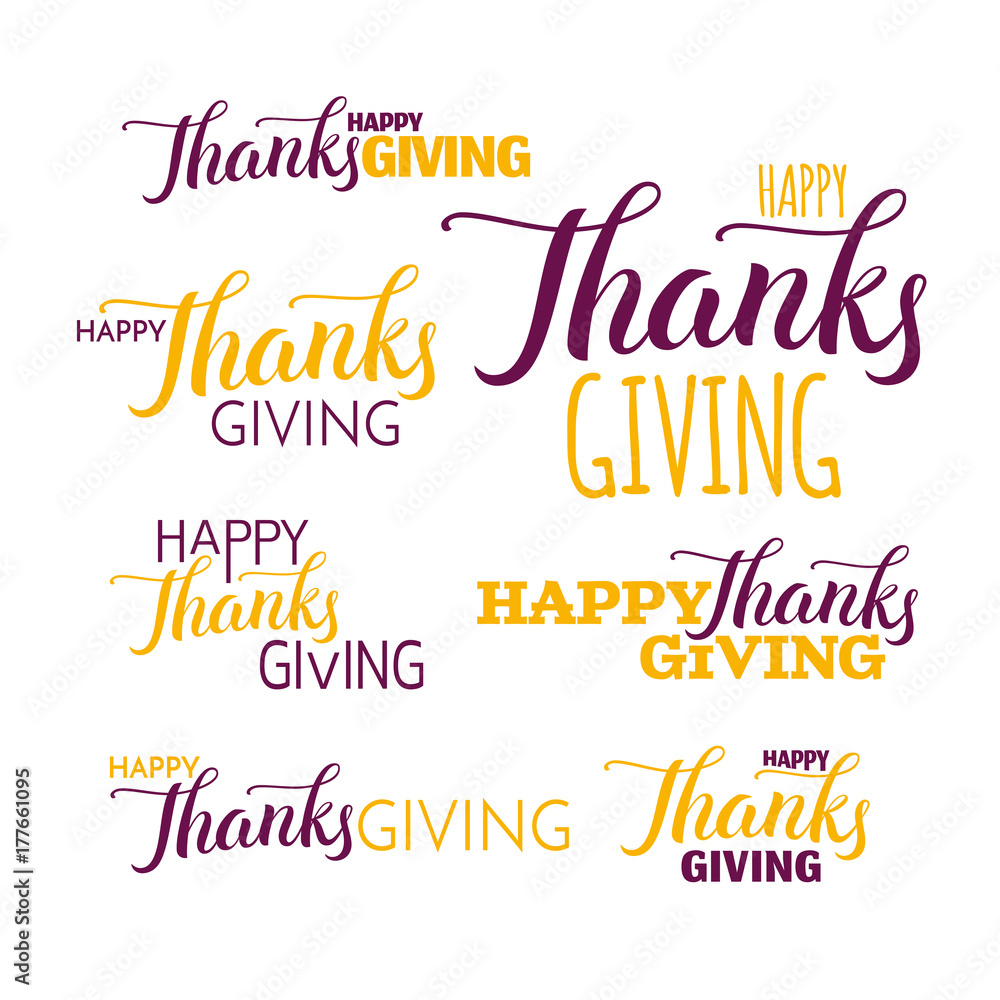 Happy thanksgiving hand drawn lettering label in yellow and purple color isolated on white background, brush calligraphy text for invitation, greeting card or holiday design, vector illustration Happy thanksgiving hand drawn lettering label in yellow and purple color isolated on white background, brush calligraphy text for invitation, greeting card or holiday design, vector illustration