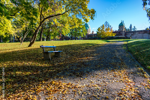 Empty park early in the morning surrounding the famous Mirogoj cemetery in autumn, Zagreb, Croatia