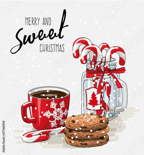Christmas theme, red cup of coffee with red ribbon, stack of cookies and candy canes in glass jar, illustration