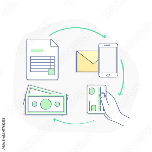 Invoicing and payment online illustration concept. Set of online sale - creating an invoice, send an invoice for payment, pay with a card and receive cash. Isolated UX UI elements for web and mobile.