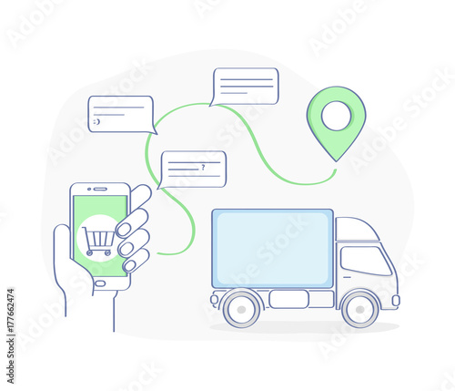 Flat Outline Icon Concept of GPS Navigation, Cargo Delivery, Logistic system or Mobile app for Goods Shipping, Purchase delivery. Isolated vector illustration on white background. Transportation.