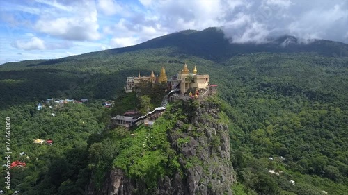 Aerial view from the drone on the Mount Popa,home of Nat the Burmese mythology ghost this place is the old volcano in Bagan, Myanmar