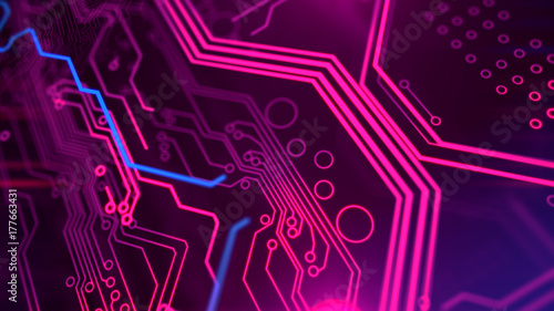Purple, violet, blue neon background with digital integrated network technology. Printed circuit board. 3D illustration. Circuit board futuristic server code processing. PCB, Code, HTML.