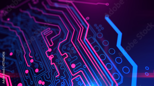 Purple, violet, blue neon background with digital integrated network technology. Printed circuit board. 3D illustration. Circuit board futuristic server code processing. PCB, Code, HTML. photo