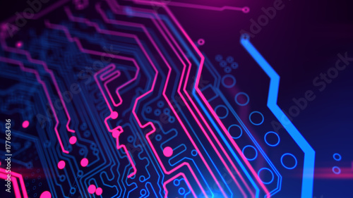 Purple, violet, blue neon background with digital integrated network technology. Printed circuit board. 3D illustration. Circuit board futuristic server code processing. PCB, Code, HTML.
