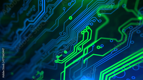 Blue, green neon background with digital integrated network technology. Printed circuit board. Technology background. 3D illustration. Circuit board futuristic server code processing. PCB, Code, HTML.