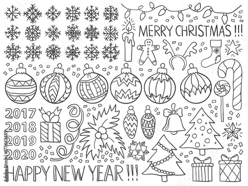 Christmas new year doodles winter holiday black white
