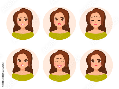 Vector female character in cartoon flat style. Set Avatar girl in a circle. Different emotions,facial expression:happy, joy, laughter, sadness, anger, surprise. Illustration isolated from background