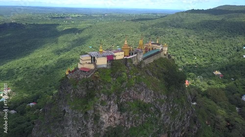 Aerial view from the drone on the Mount Popa,home of Nat the Burmese mythology ghost this place is the old volcano in Bagan, Myanmar