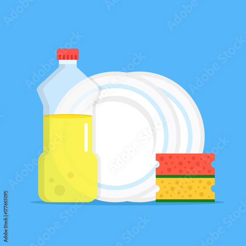 Dishwashing. Dishwashing liquid, kitchen sponges and dishes. Modern flat design graphic elements. Vector illustration