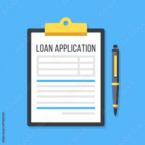 Vector loan application form. Clipboard and pen
