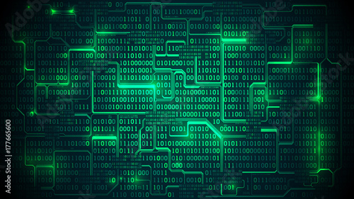 Abstract futuristic electronic circuit board with binary code, matrix background with digits, well organized layers