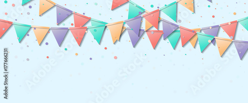 Bunting flags. Juicy celebration card. Colorful holiday decorations and confetti. Bunting flags vector illustration.